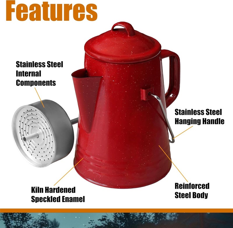 Grip Coffee Percolator (Red) - Durable Glazed Enamel Steel - Prepare Coffee Over the Fire - Camping, Hiking, Backpacking, Fishing, Hunting - (8 Cups) - Image 2